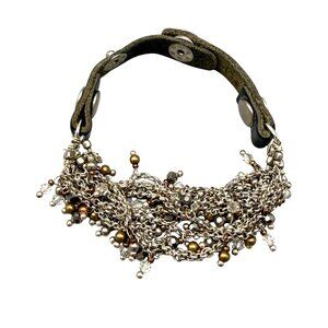 Mary Bracelet Beaded Multi Chain Leather Strap Studded Silver Tone 8.5 inches